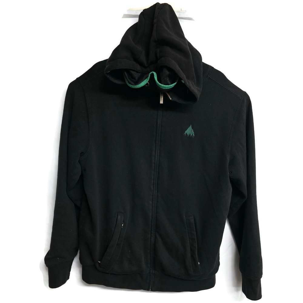 Burton Mens Full Zip Hoodie Black Green Trim Mesh Lined Mountain Logo Large
